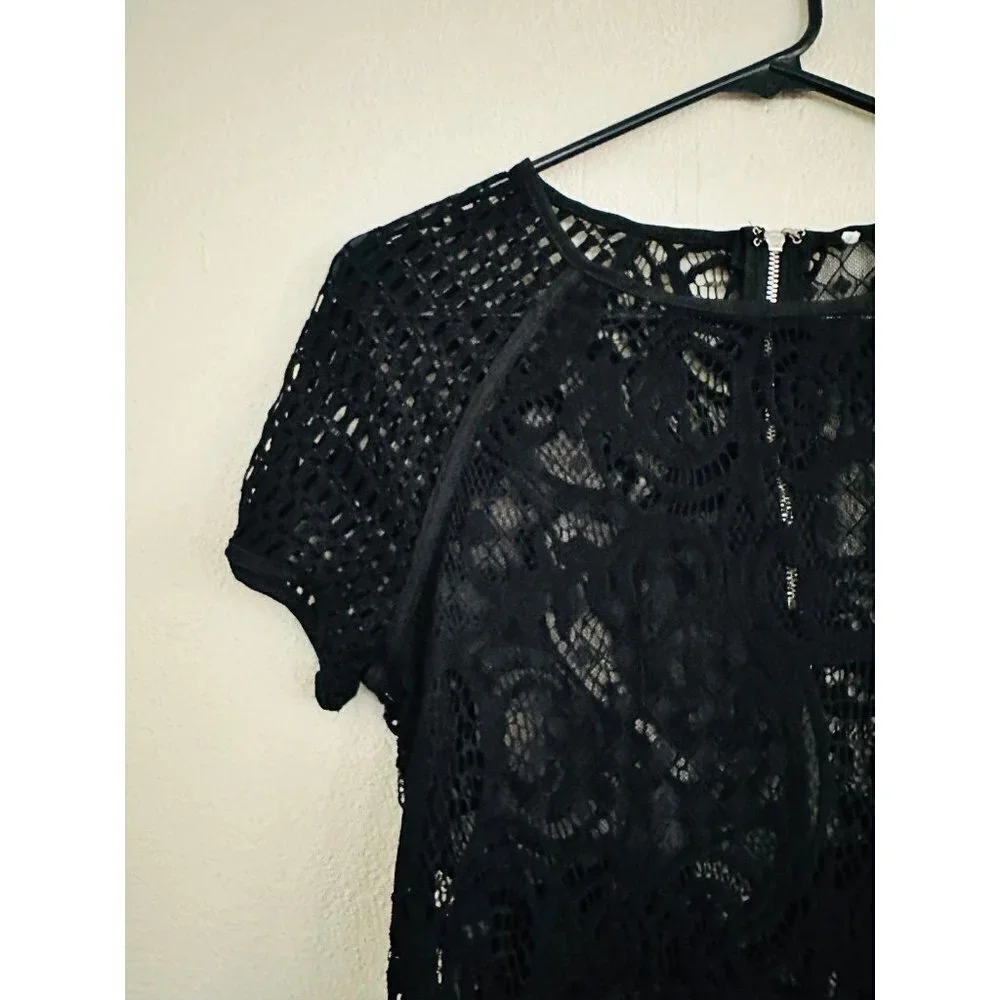 Women’s crop top small Black Crochet Lace sheer blouse shirt short sleeve zip up - Picture 2 of 3